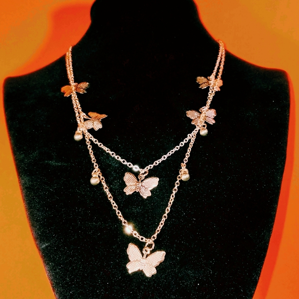 NWT Gold Tone Butterfly double Layered necklace.